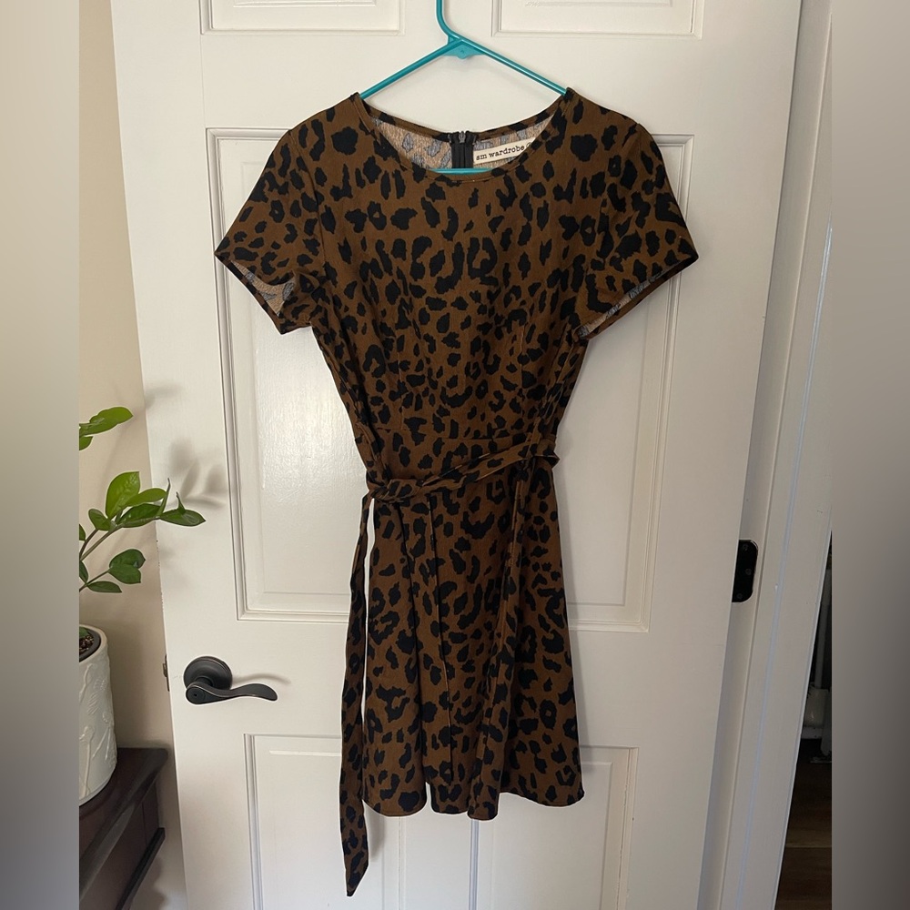 Corduroy Leopard Print Short Sleeved Tie Dress